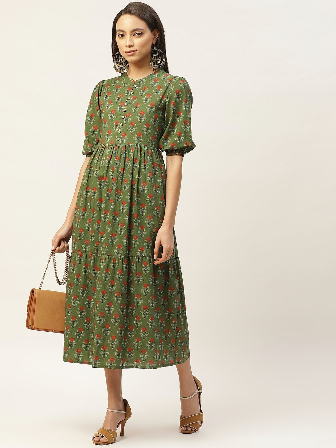 Women's Green Floral Tiered Midi Dress