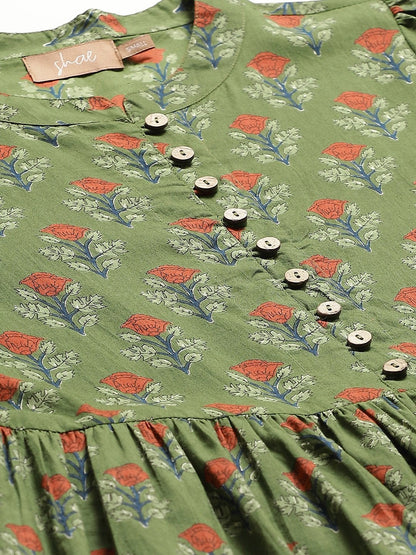 Women's Green Floral Tiered Midi Dress