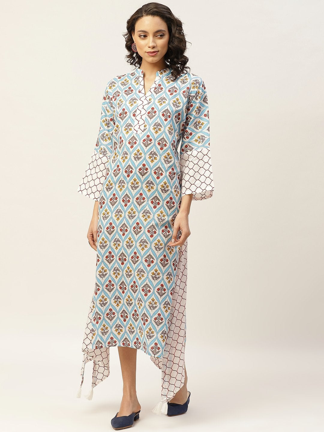 Women's Blue Floral Neck Band Kaftan