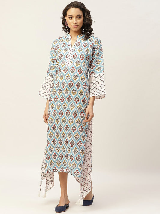 Women's Blue Floral Neck Band Kaftan
