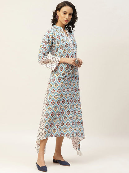 Women's Blue Floral Neck Band Kaftan