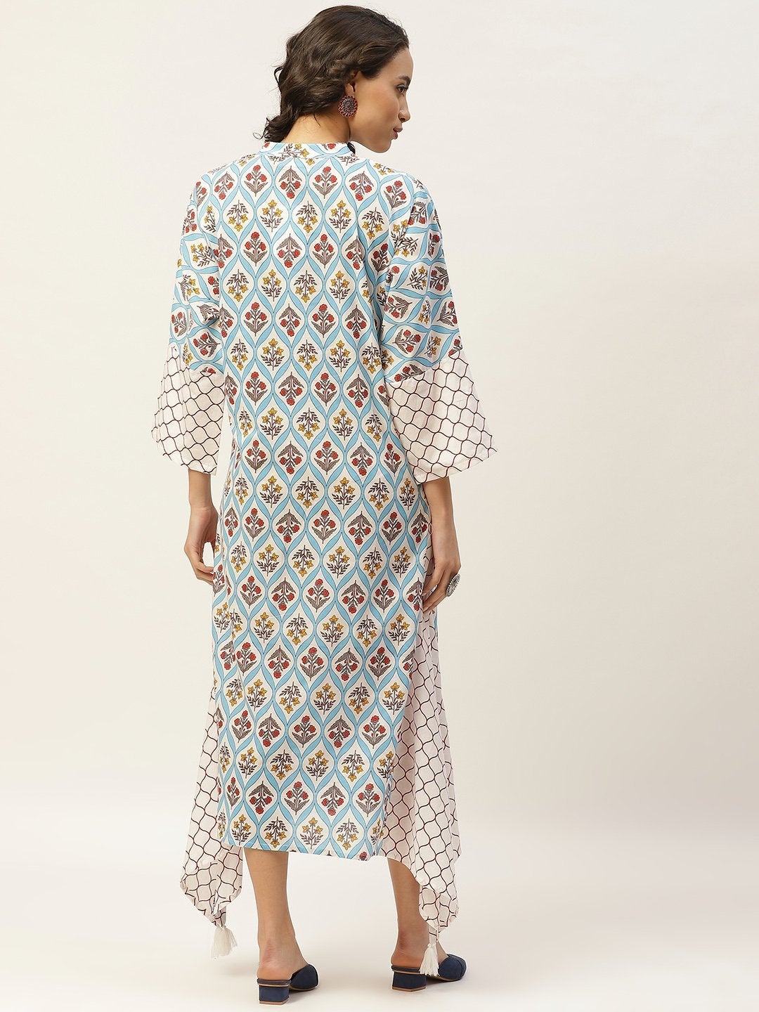 Women's Blue Floral Neck Band Kaftan