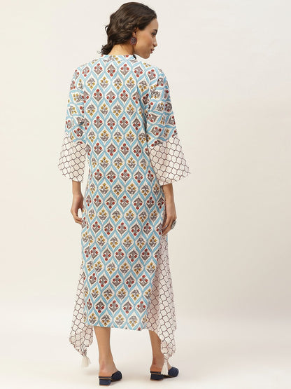 Women's Blue Floral Neck Band Kaftan