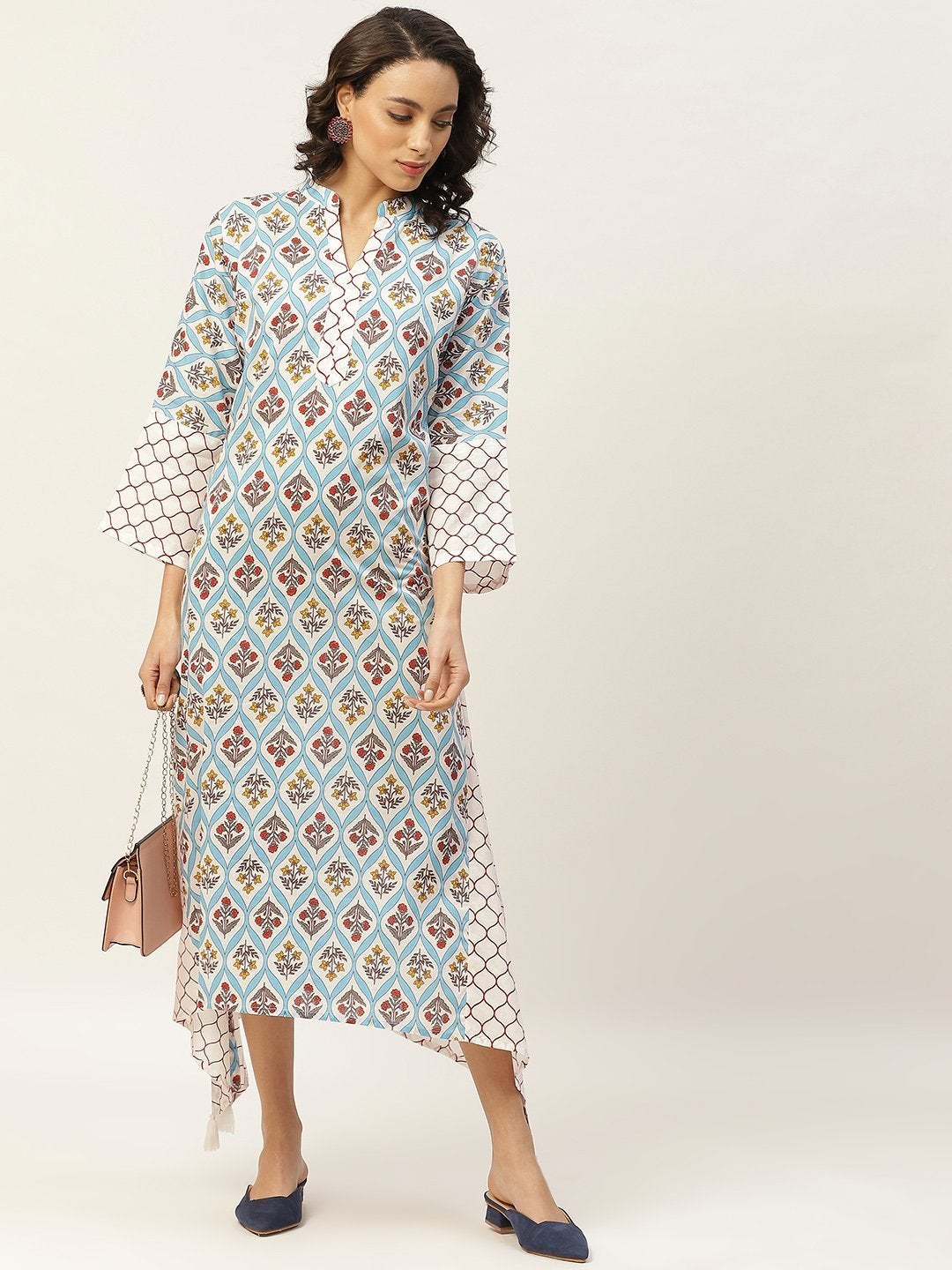 Women's Blue Floral Neck Band Kaftan