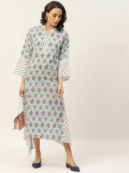 Women's Blue Floral Neck Band Kaftan