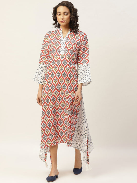 Women's Red Floral Neck Band Kaftan