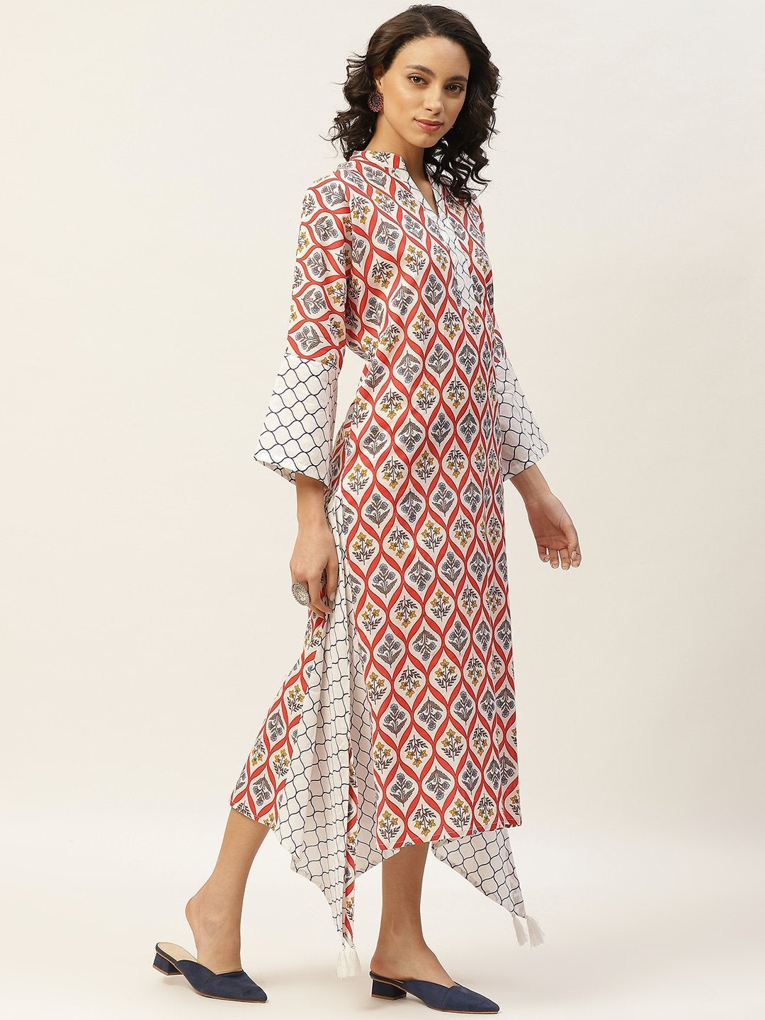 Women's Red Floral Neck Band Kaftan