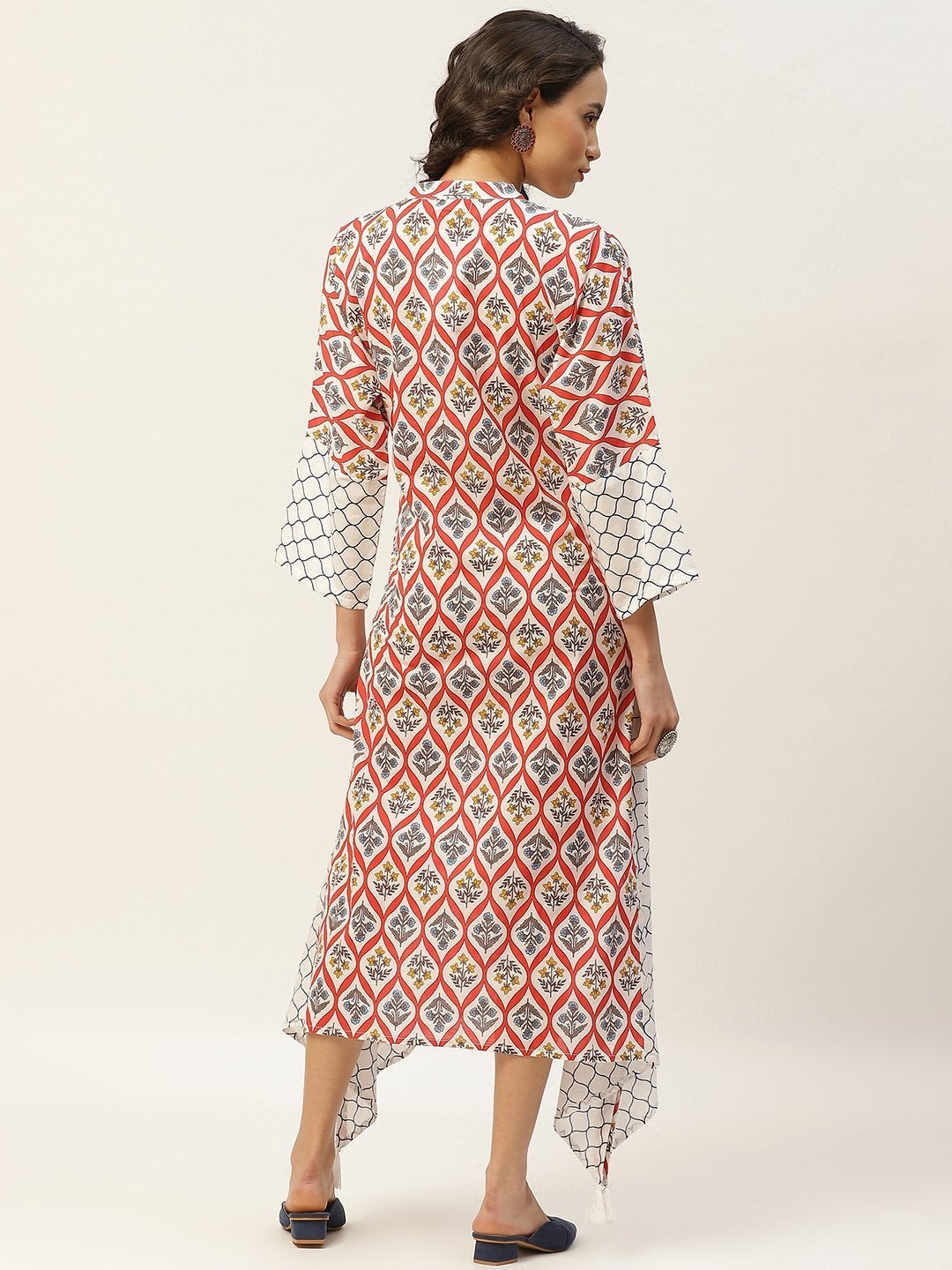 Women's Red Floral Neck Band Kaftan