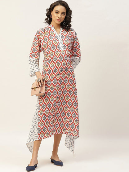 Women's Red Floral Neck Band Kaftan