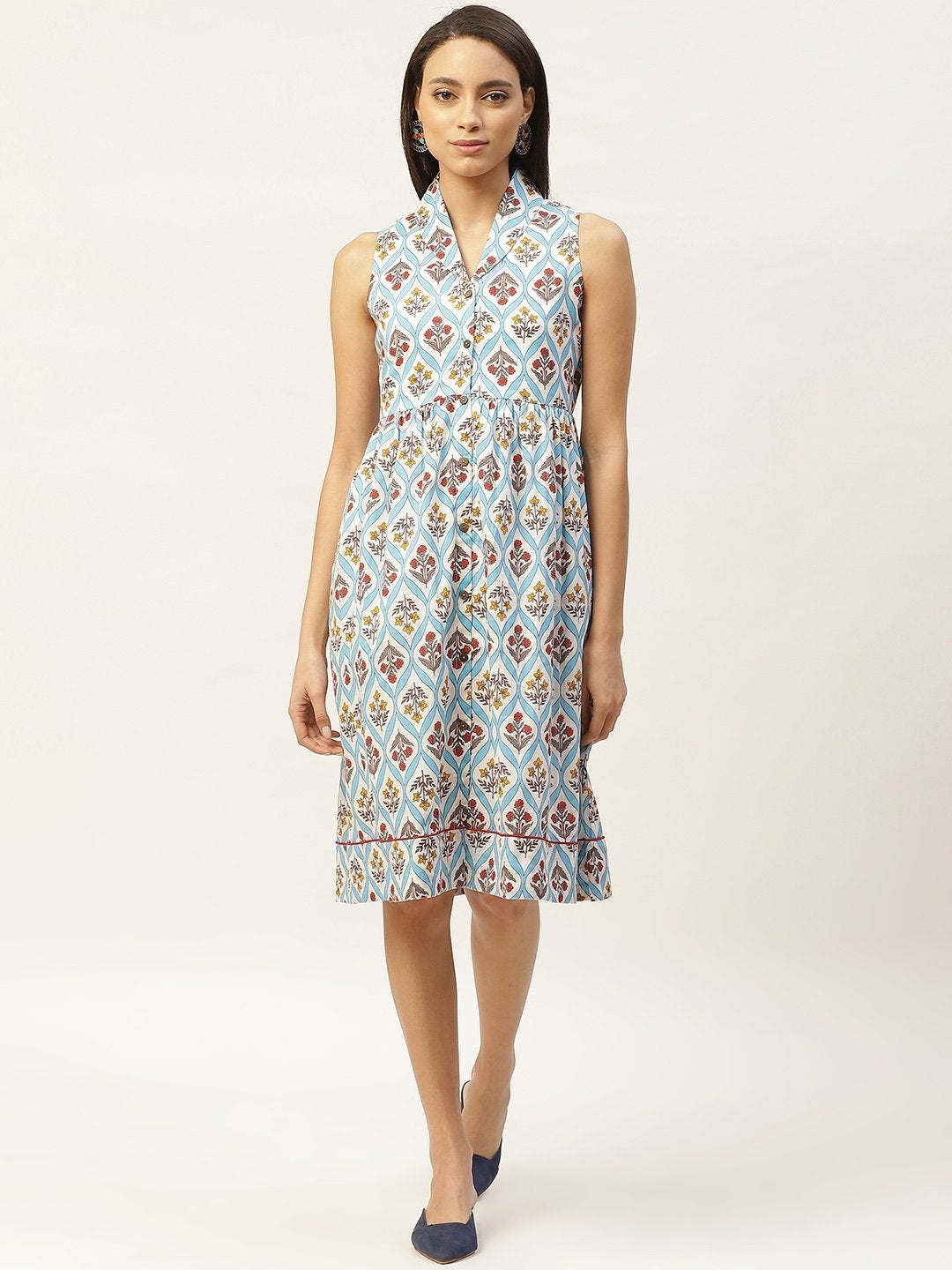 Women's Blue Floral Shawl Collar Front Open Dress