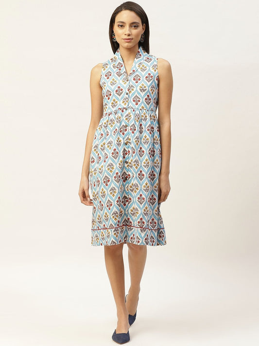 Women's Blue Floral Shawl Collar Front Open Dress