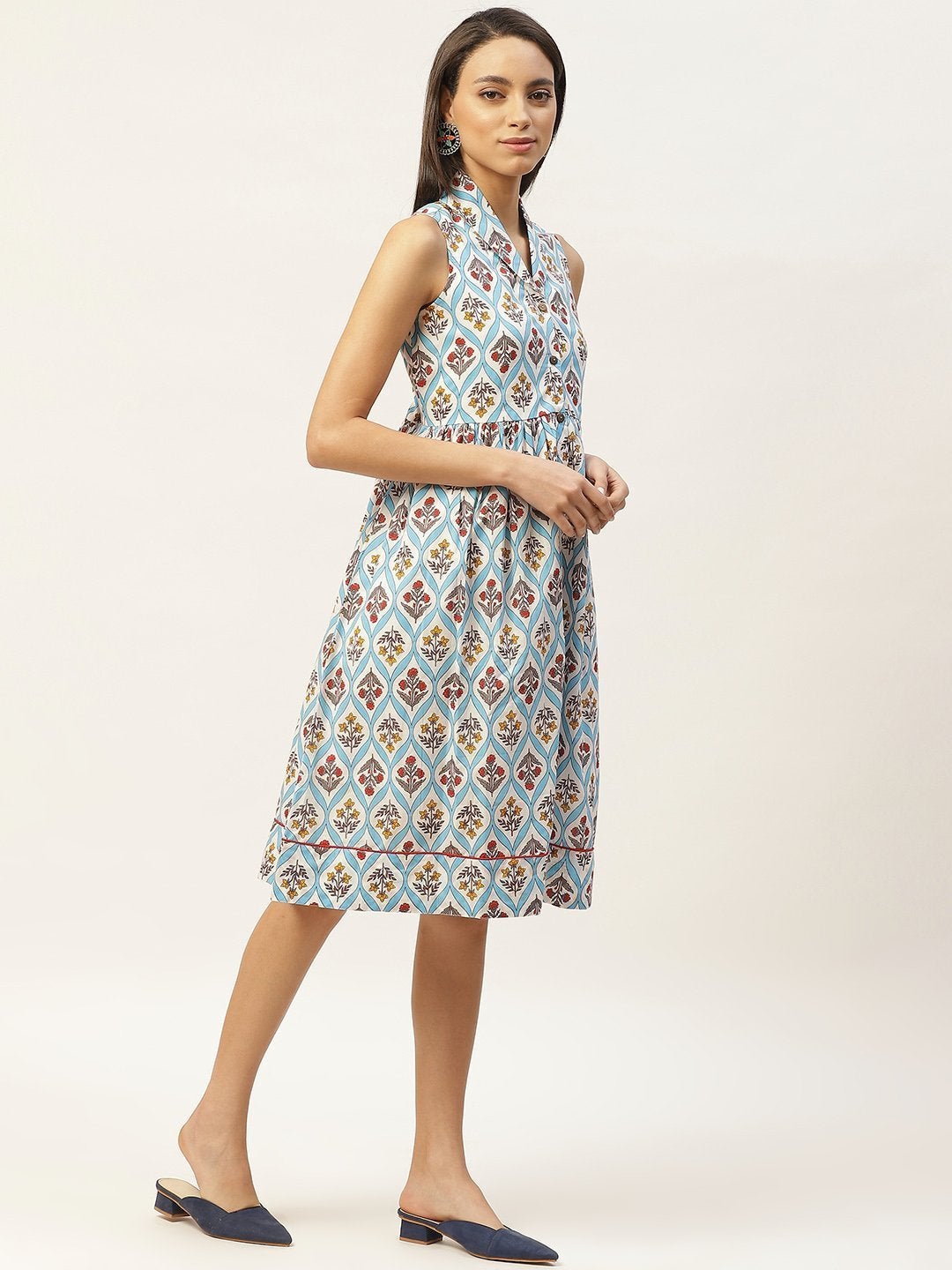 Women's Blue Floral Shawl Collar Front Open Dress
