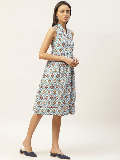 Women's Blue Floral Shawl Collar Front Open Dress