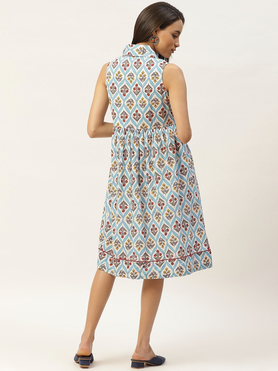 Women's Blue Floral Shawl Collar Front Open Dress