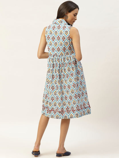 Women's Blue Floral Shawl Collar Front Open Dress