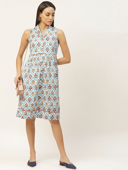 Women's Blue Floral Shawl Collar Front Open Dress