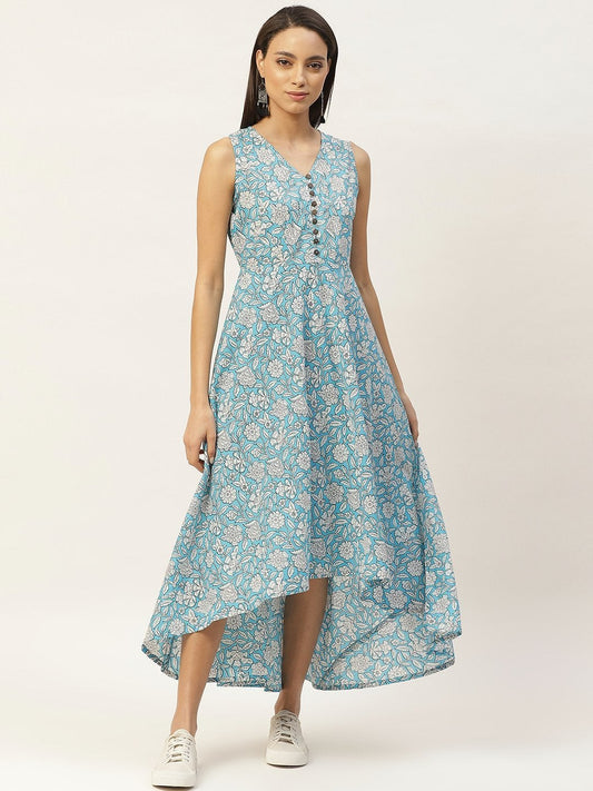 Women's Blue Floral High Low Flared Maxi Dress