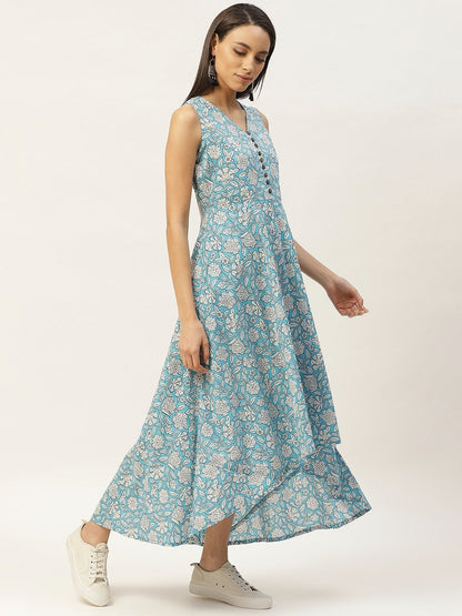 Women's Blue Floral High Low Flared Maxi Dress