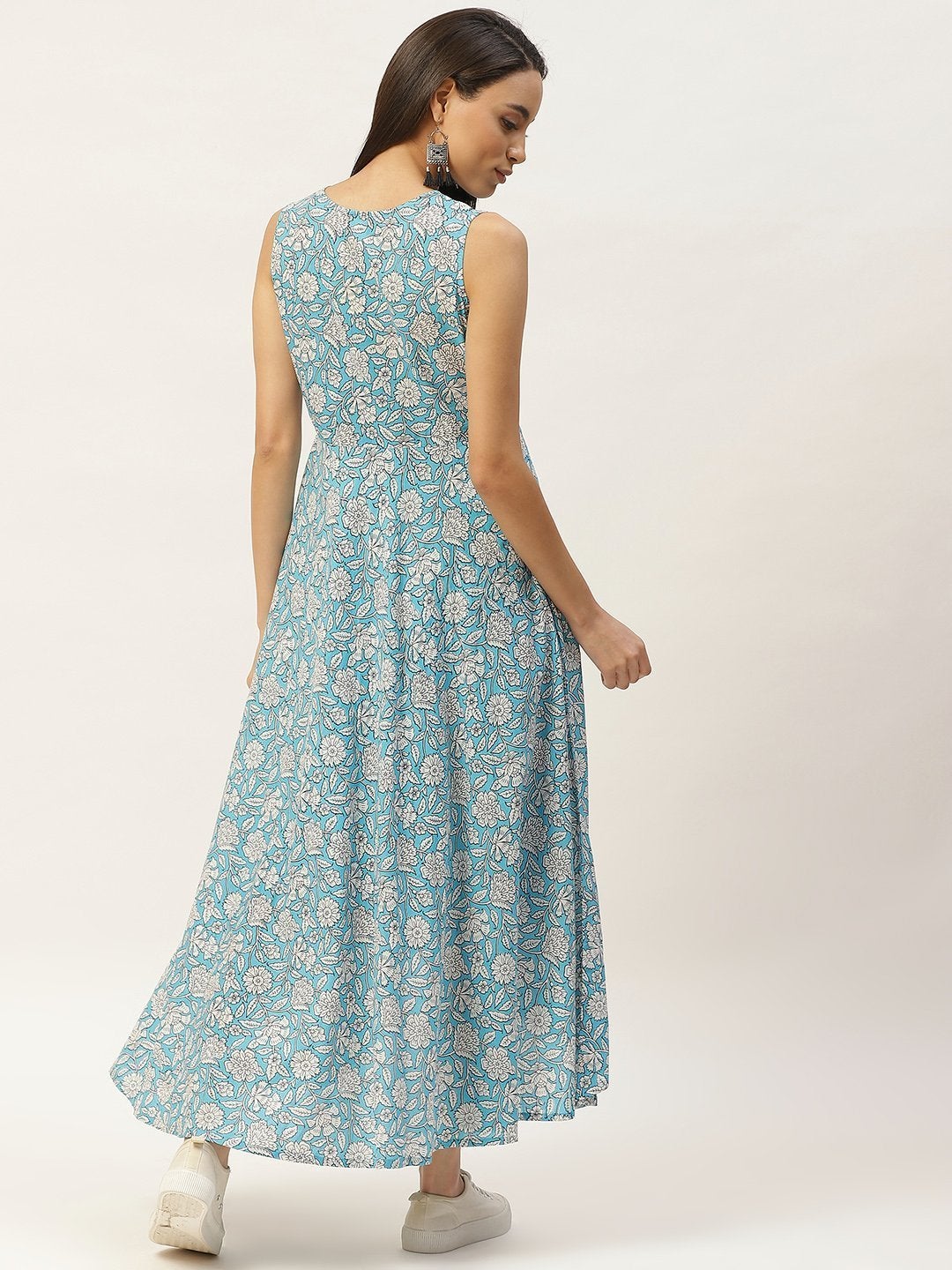 Women's Blue Floral High Low Flared Maxi Dress