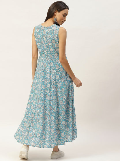 Women's Blue Floral High Low Flared Maxi Dress