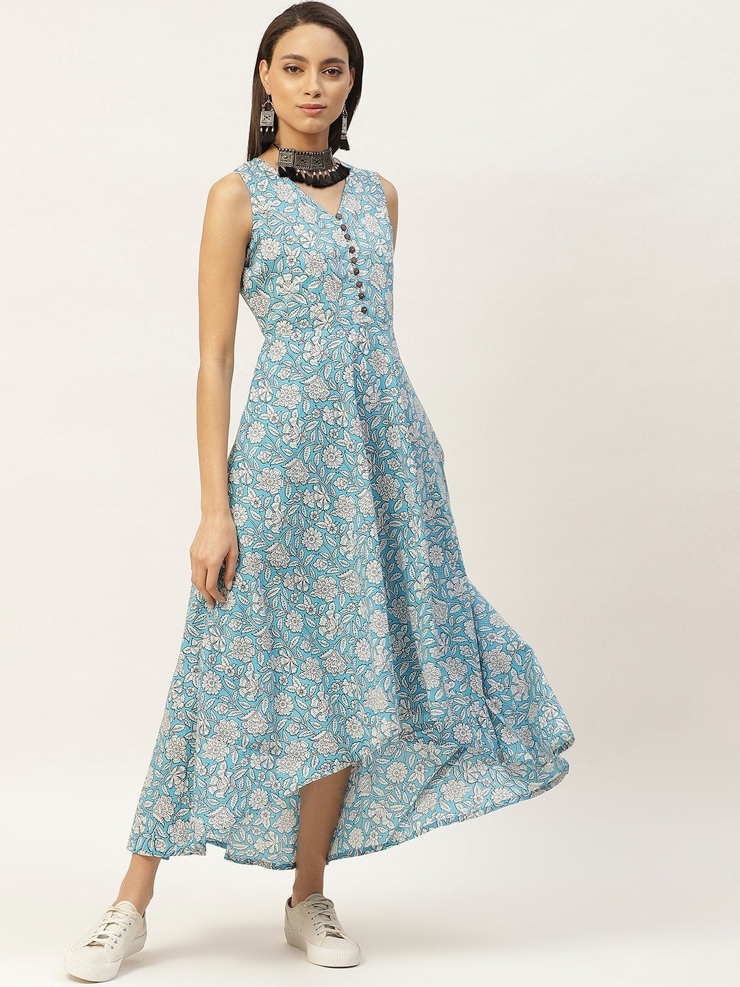 Women's Blue Floral High Low Flared Maxi Dress