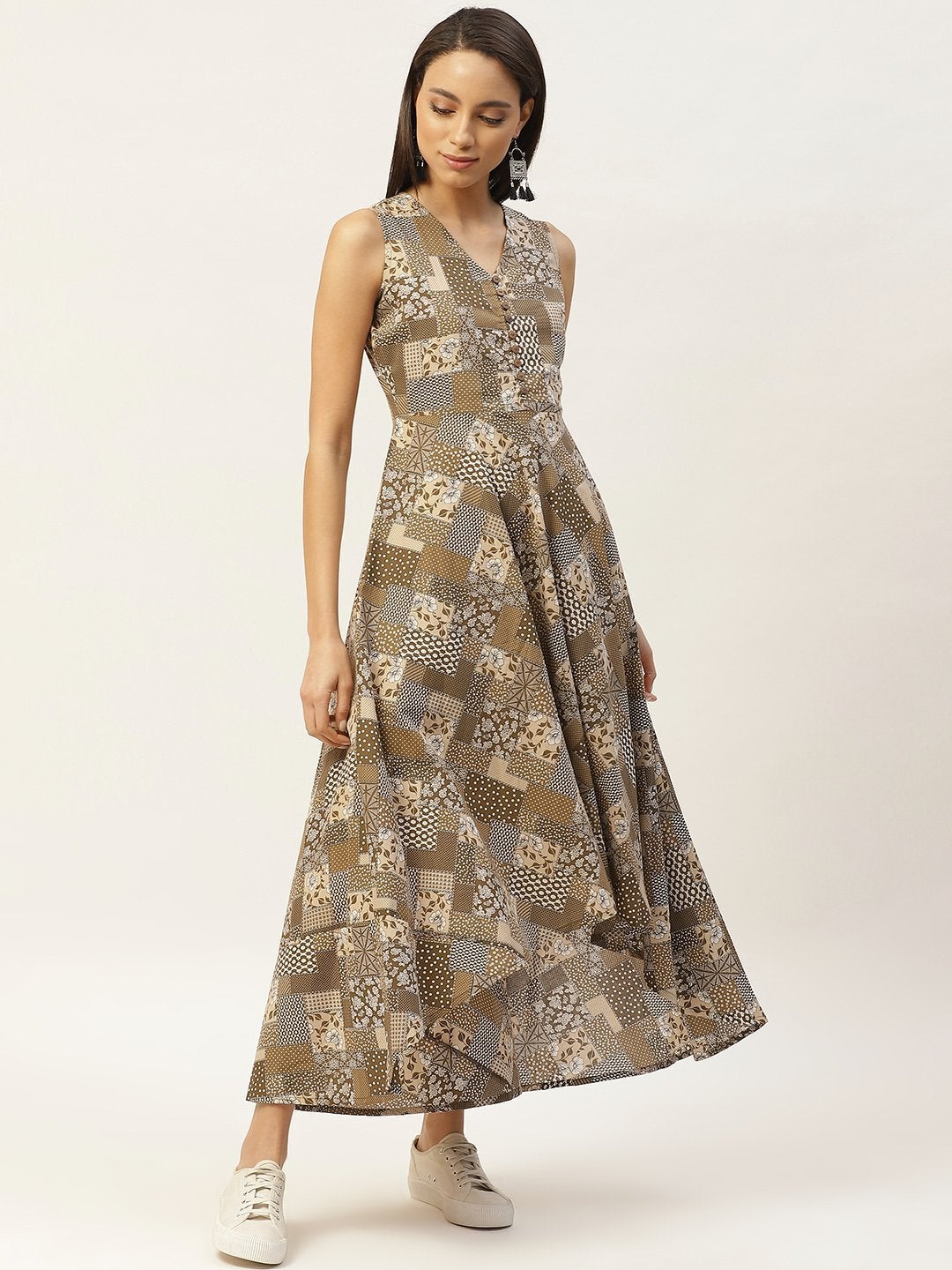 Women's Brown Floral High Low Flared Maxi Dress