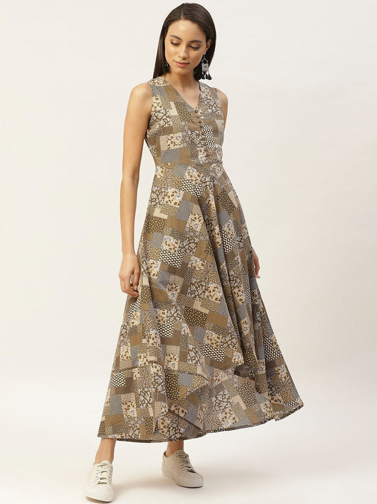 Women's Brown Floral High Low Flared Maxi Dress