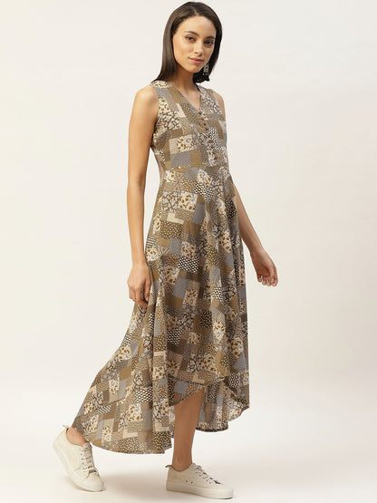 Women's Brown Floral High Low Flared Maxi Dress