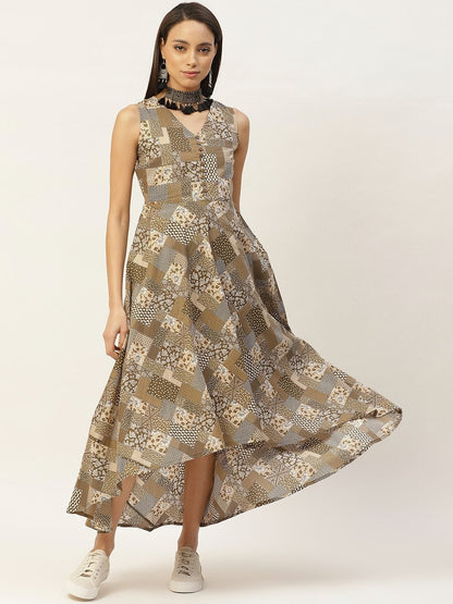 Women's Brown Floral High Low Flared Maxi Dress