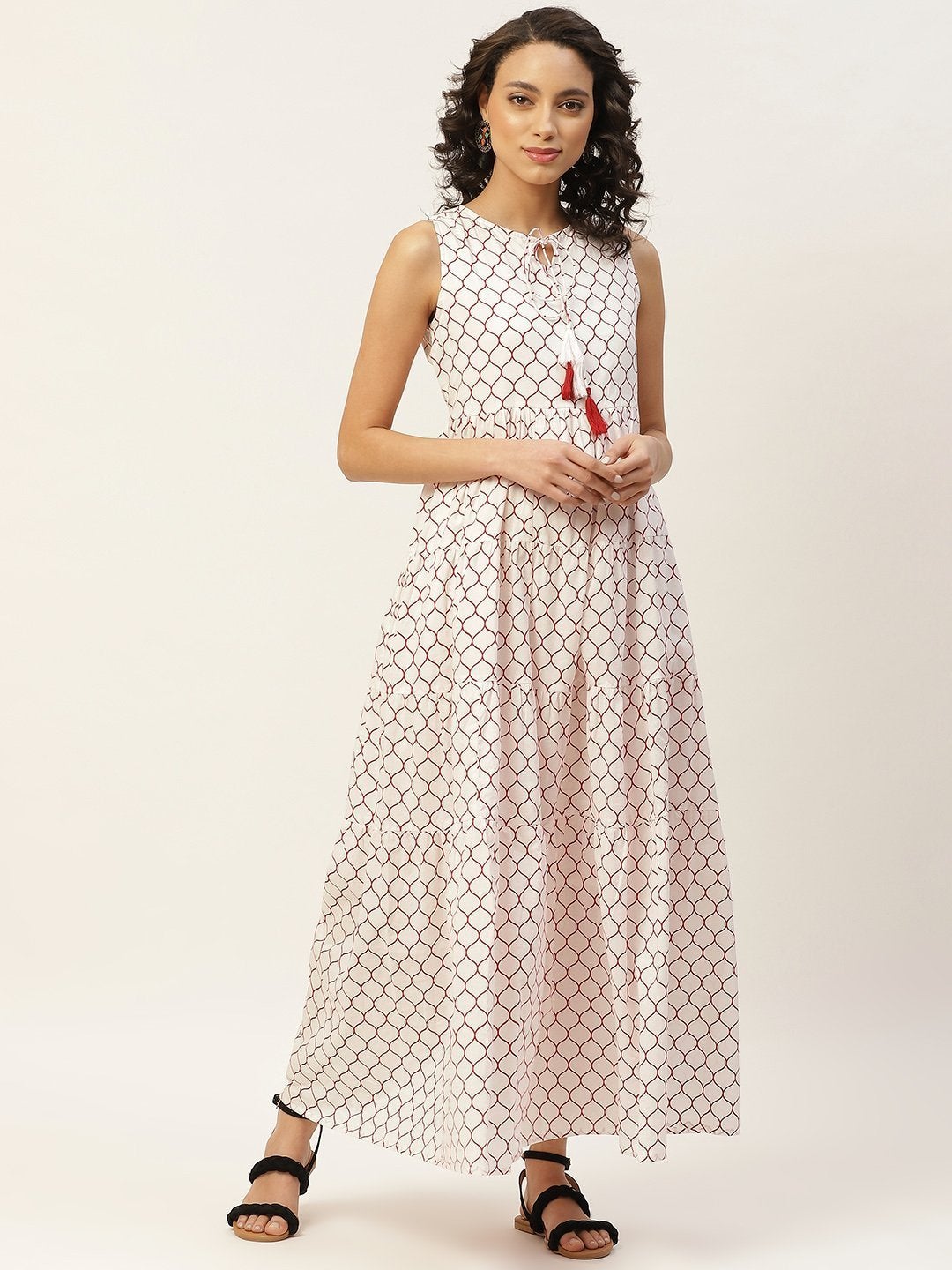 Women's Red Geometric Print Sleeveless Tiered Maxi