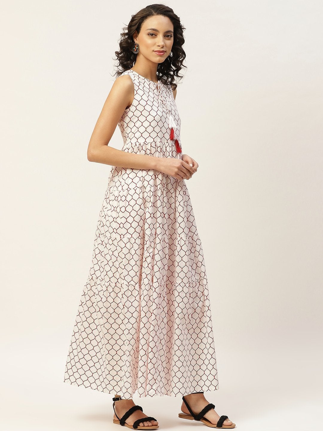 Women's Red Geometric Print Sleeveless Tiered Maxi