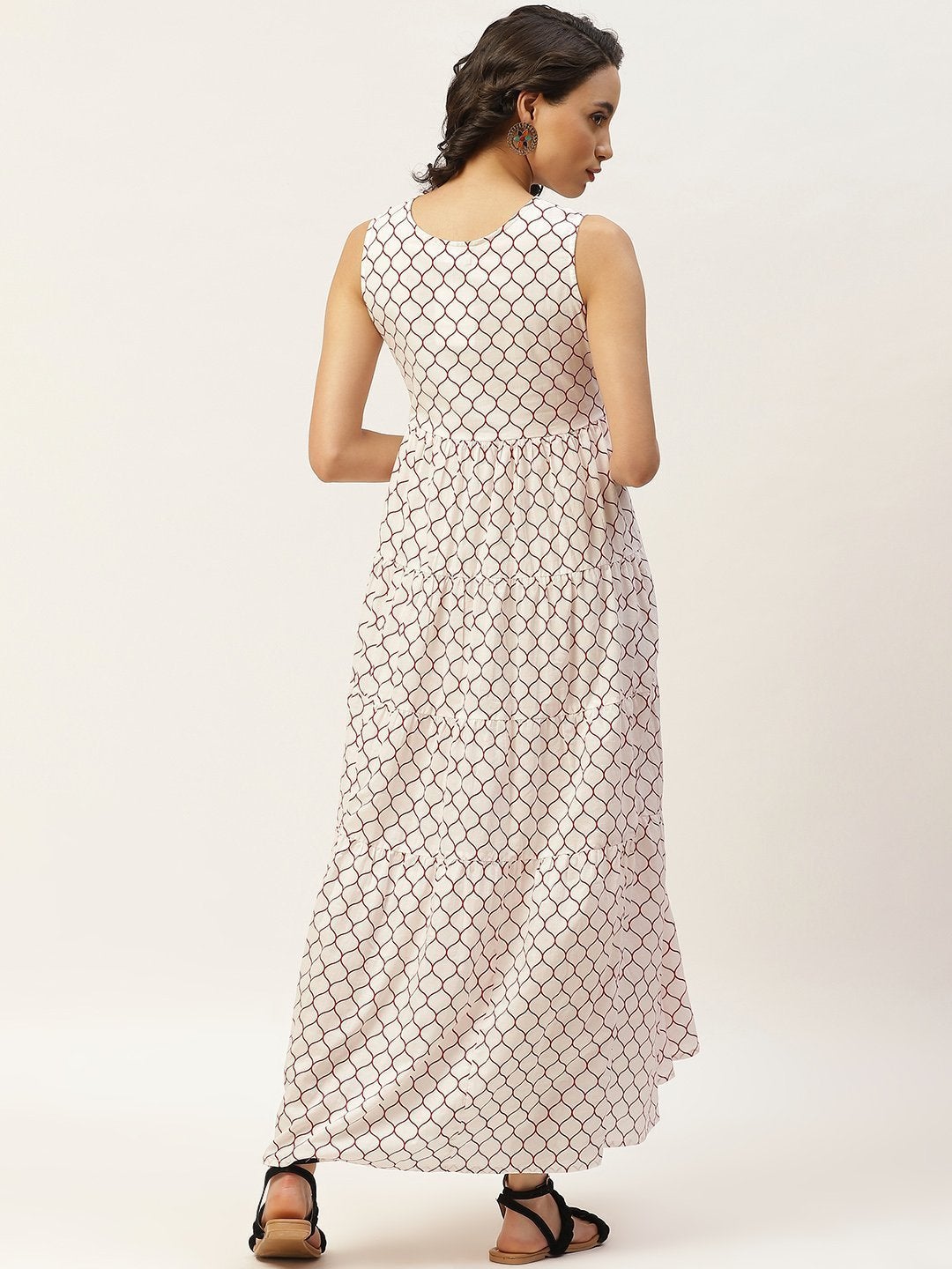 Women's Red Geometric Print Sleeveless Tiered Maxi