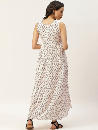 Women's Red Geometric Print Sleeveless Tiered Maxi