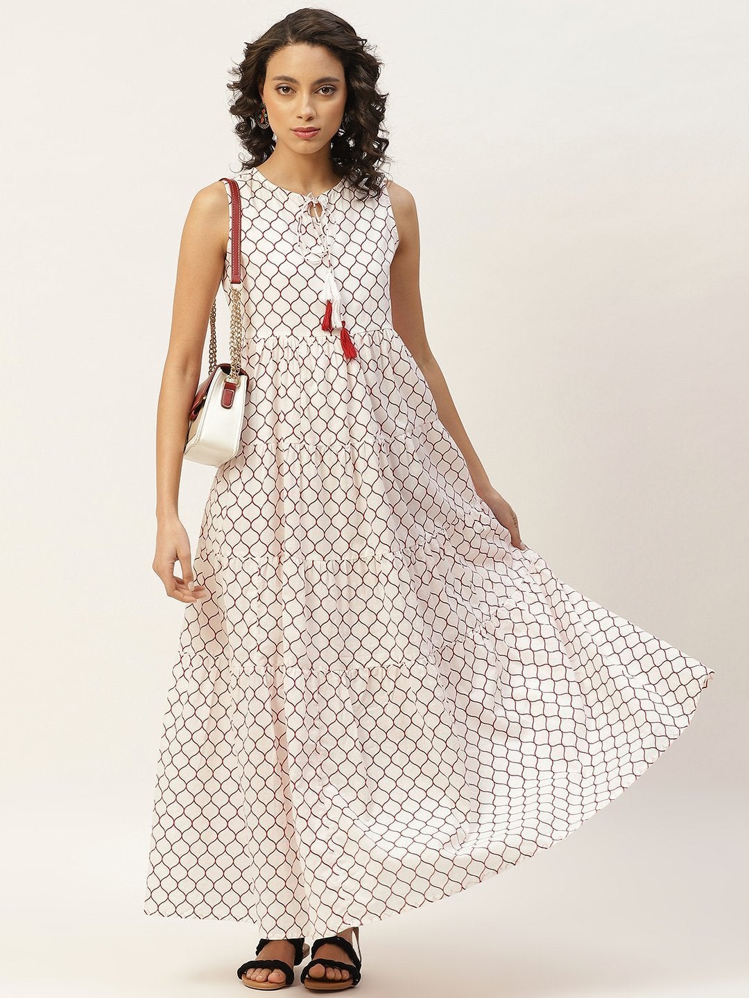Women's Red Geometric Print Sleeveless Tiered Maxi