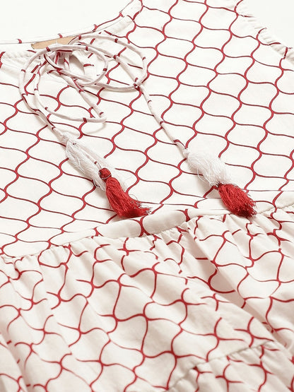 Women's Red Geometric Print Sleeveless Tiered Maxi