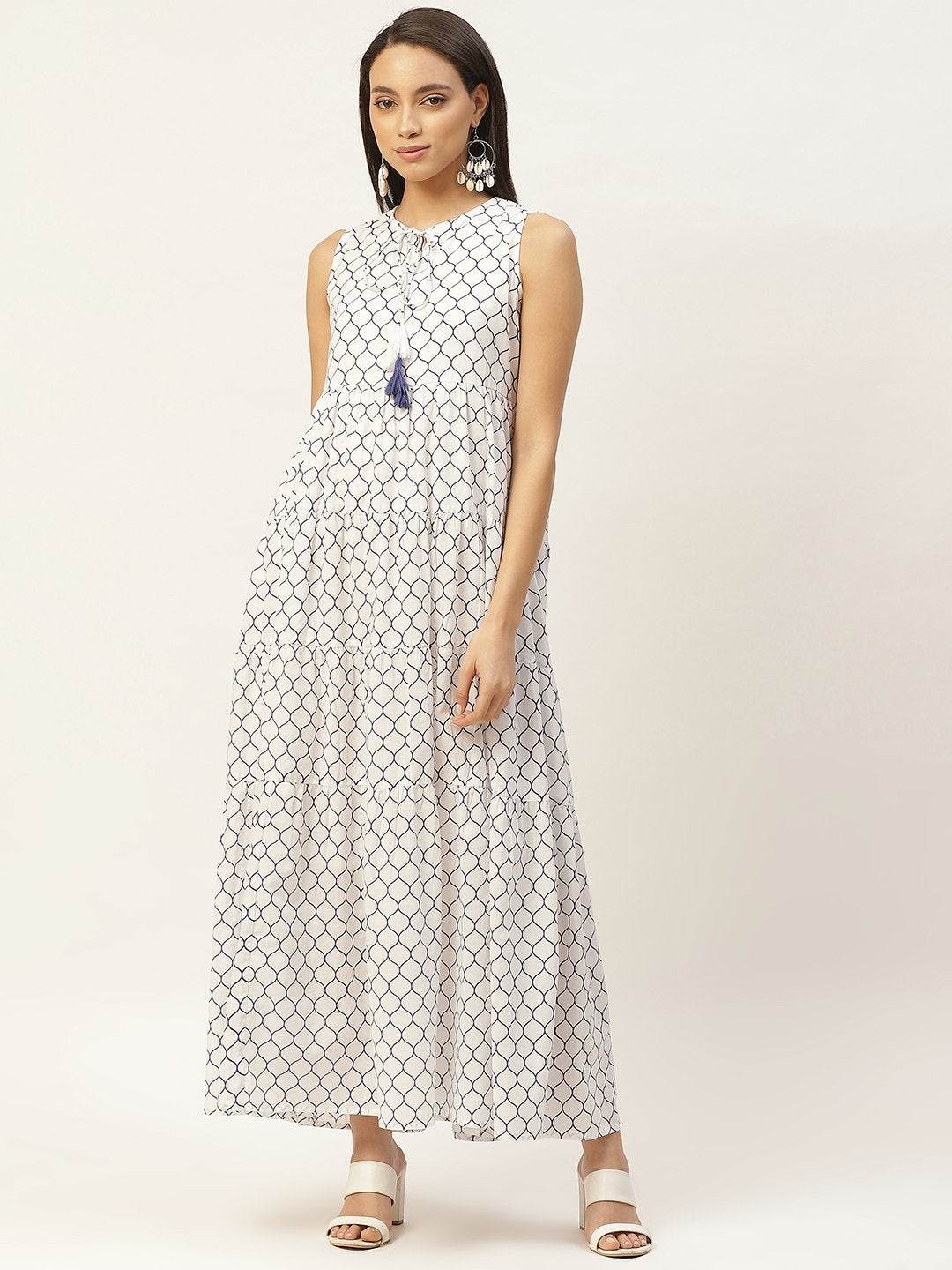 Women's Navy Geometric Print Sleeveless Tiered Maxi