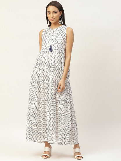 Women's Navy Geometric Print Sleeveless Tiered Maxi