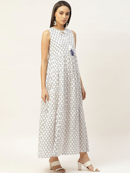 Women's Navy Geometric Print Sleeveless Tiered Maxi