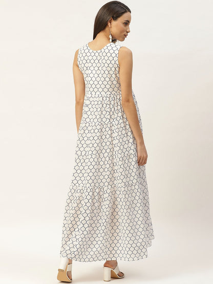 Women's Navy Geometric Print Sleeveless Tiered Maxi