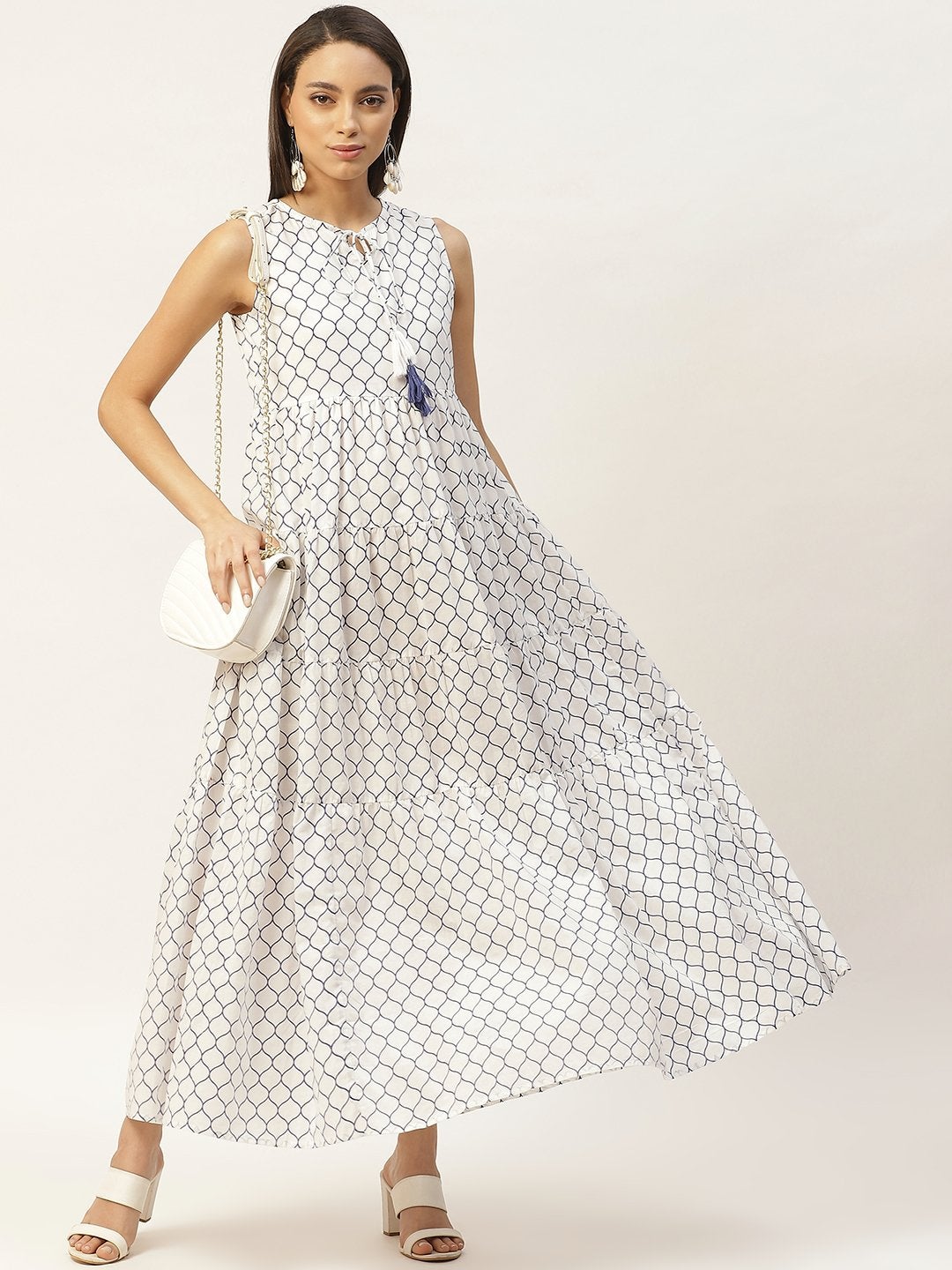 Women's Navy Geometric Print Sleeveless Tiered Maxi