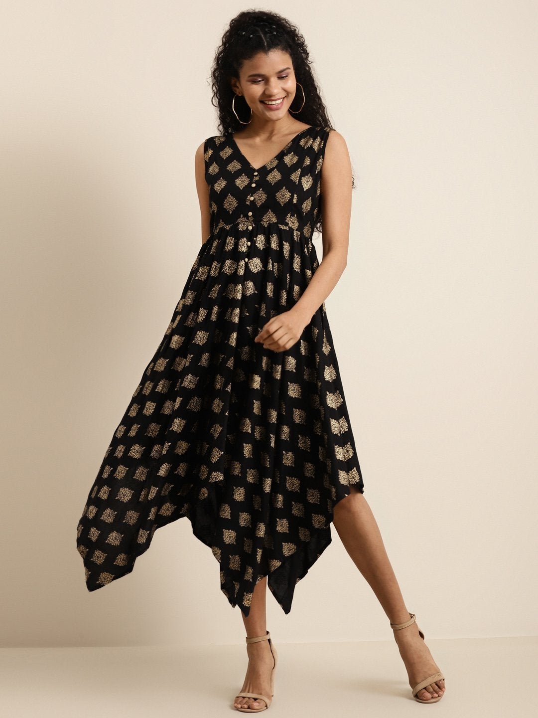 Women's Black Floral Foil Print Asymmetric