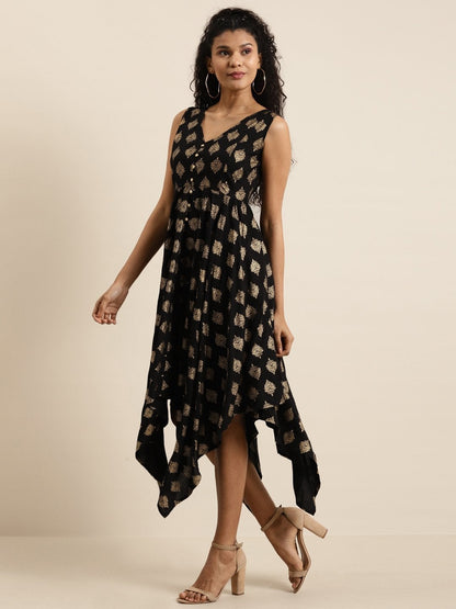 Women's Black Floral Foil Print Asymmetric