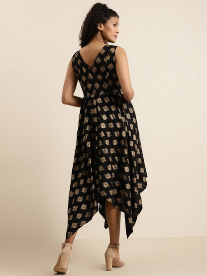 Women's Black Floral Foil Print Asymmetric