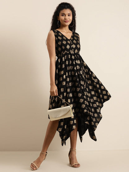 Women's Black Floral Foil Print Asymmetric