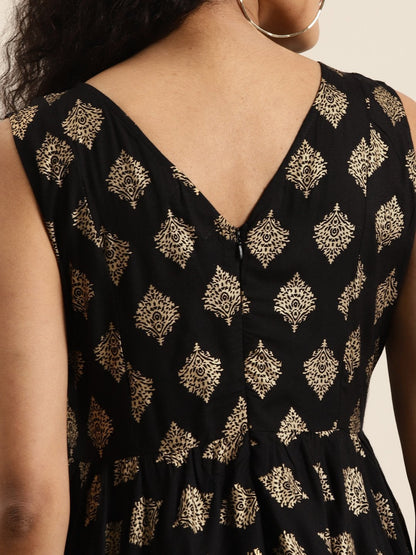 Women's Black Floral Foil Print Asymmetric