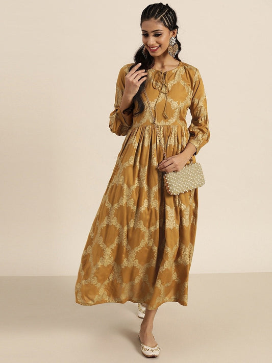 Women's Mustard Foil Motif Print Bishop Sleeve