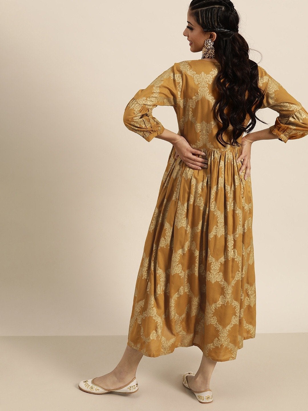 Women's Mustard Foil Motif Print Bishop Sleeve