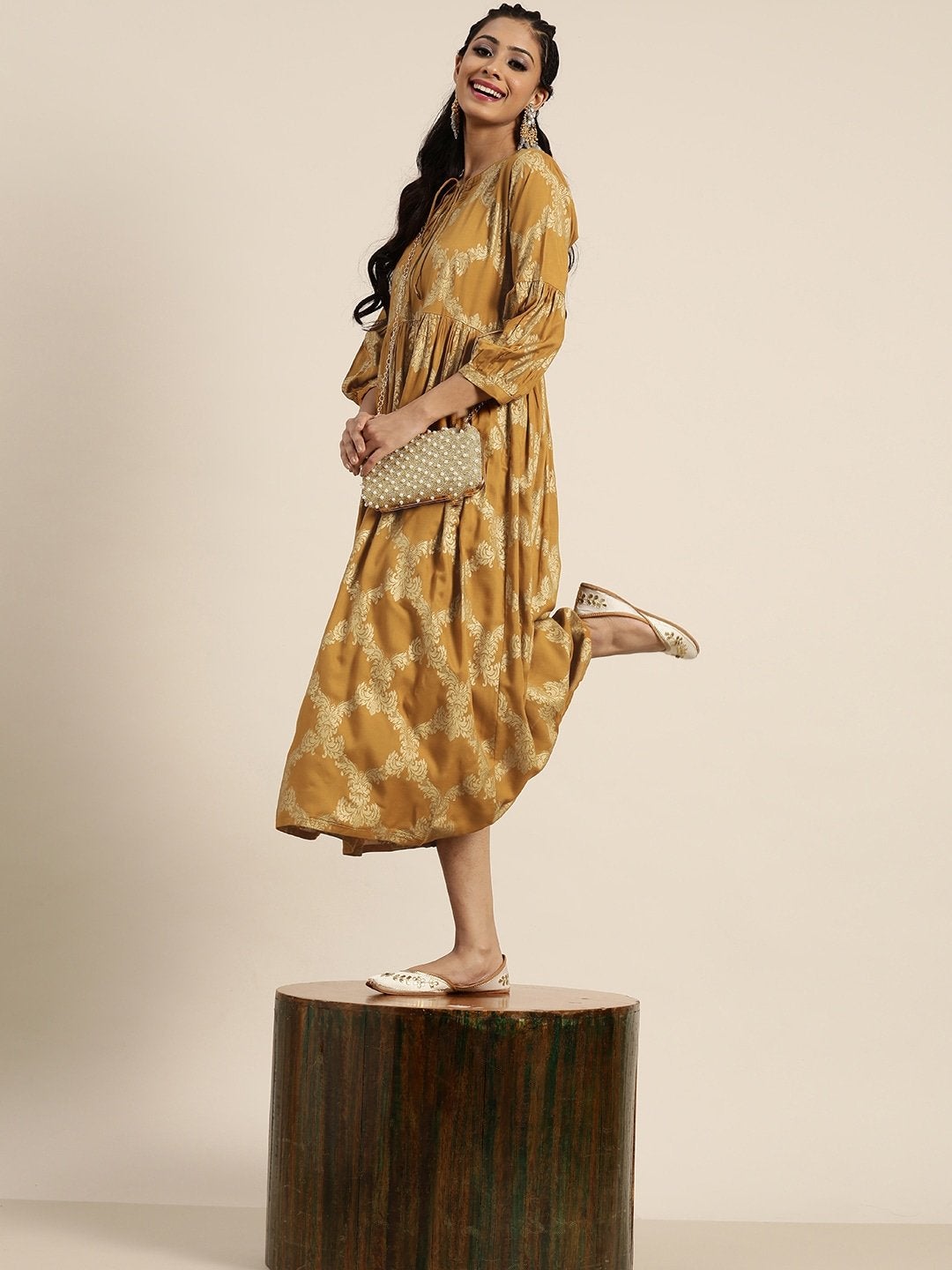 Women's Mustard Foil Motif Print Bishop Sleeve