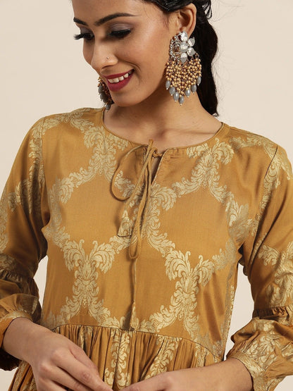 Women's Mustard Foil Motif Print Bishop Sleeve