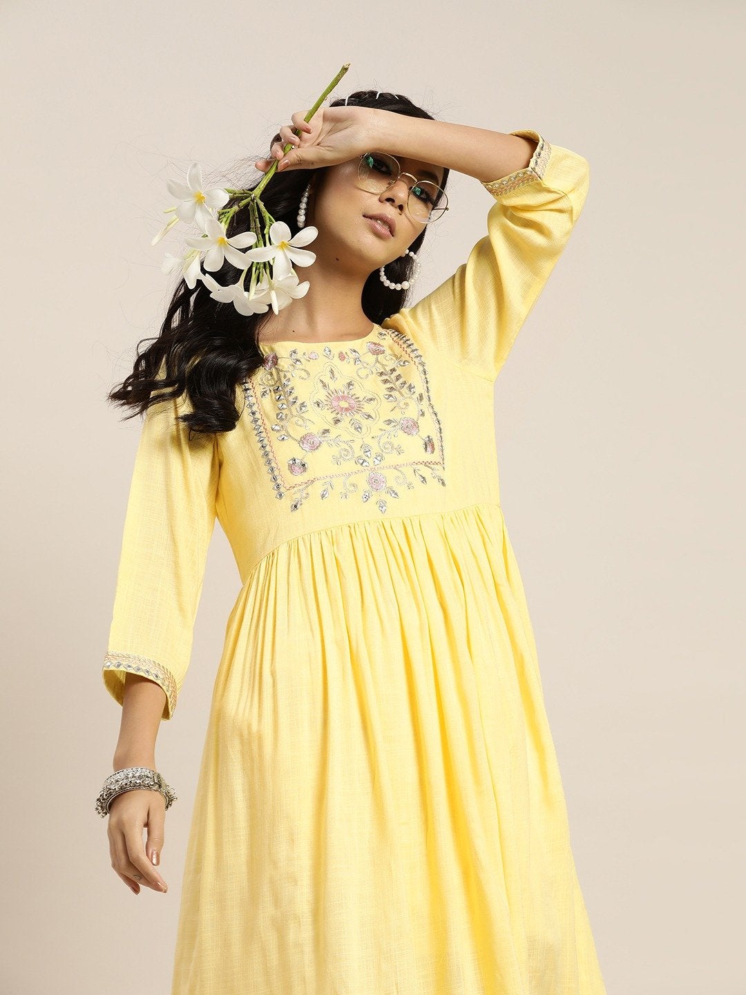 Women's Yellow Zari Bodice Embroidery Gathered